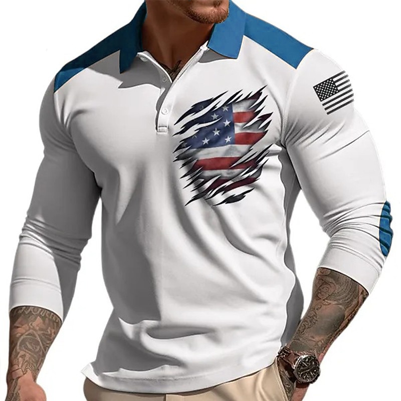 Men's American Flag Veterans Polo Shirts Golf Shirt Long Sleeve Polo Shirts Collared Shirts Casual Streetwear Vacation Wear Party Outfits 3D Print Buttons Yellow Blue Green2