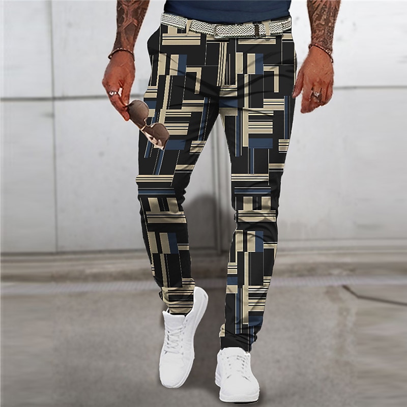 Plaid / Check Graphic Prints Geometry Business Men's 3D Print Pants Trousers Outdoor Street Wear to work Polyester Black White Blue S M L Mid Waist Elasticity Pants4