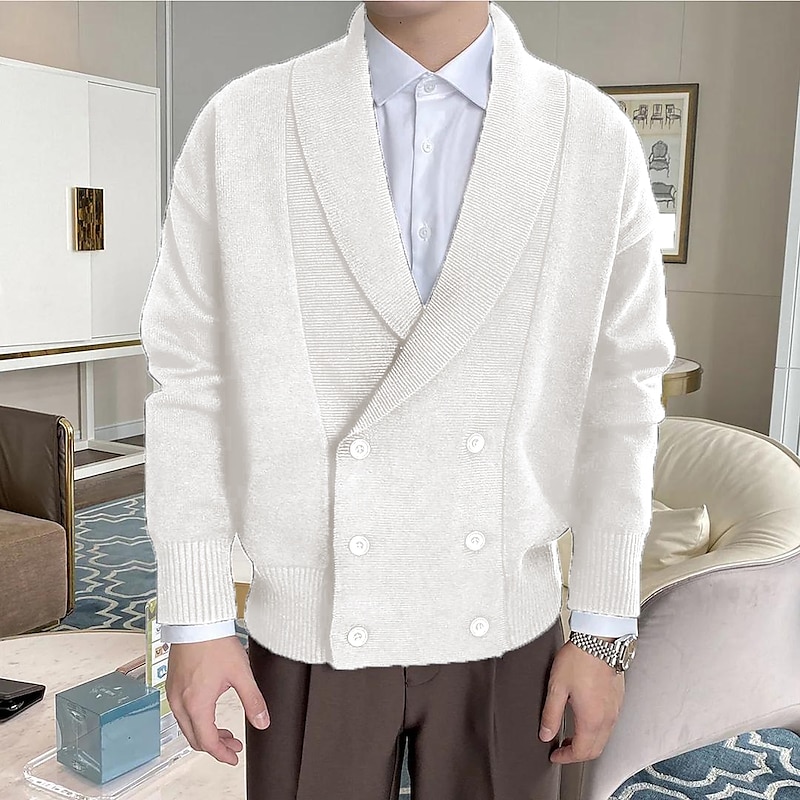 Men's Cardigan Sweater Ribbed Knit Regular Knitted Plain Shawl Collar Warm Ups Modern Contemporary Daily Wear Going out Clothing Apparel Fall & Winter Black White M L XL2