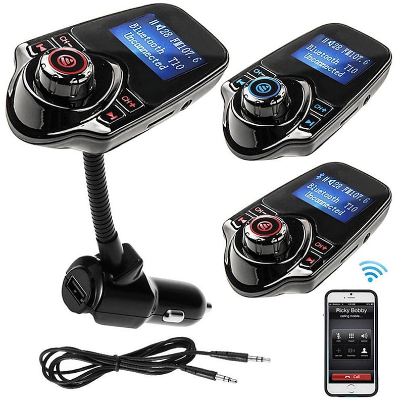 NEW T10 Hands-free Bluetooth Car Kit MP3 Music Player FM Transmitter 5V 2.1A USB Car Charger 1.44" LED Screen4