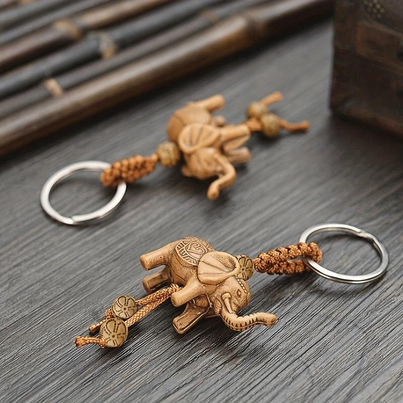 Vintage Polyresin Lucky Elephant Carved Pendant Keychain - Perfect Gift for Men and Women!4