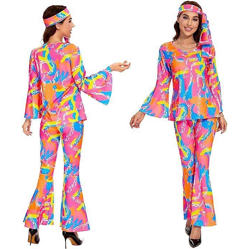 1980s Hot Pink Hippie Outfits  Abba Costume Flared Trousers 3 PCS Shirt Bell Bottoms Pants Doll Women's Cosplay Costume Masquerade Party Halloween Daily