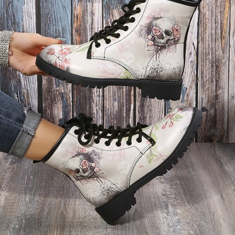 Women's Halloween Skull Print Combat Boots - Gothic Style Lace-Up Ankle Boots for Spooky Season2