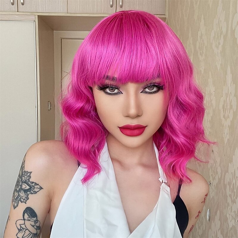 Hot Pink Wig with Bangs Short Bob Wavy Curly Wig Shoulder Length Hot Pink Wigs for Women Synthetic Hair Colorful Wig for Halloween Costume Cosplay 14 Inch