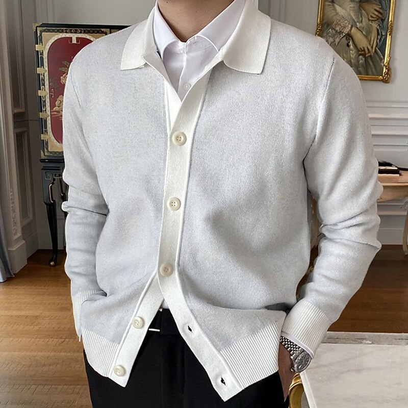 Men's Cardigan Sweater Fall Sweater Cropped Cardigan Sweater Ribbed Knit Regular Knitted Plain Lapel Warm Ups Modern Contemporary Daily Wear Going out Clothing Apparel Winter White Red M L XL2