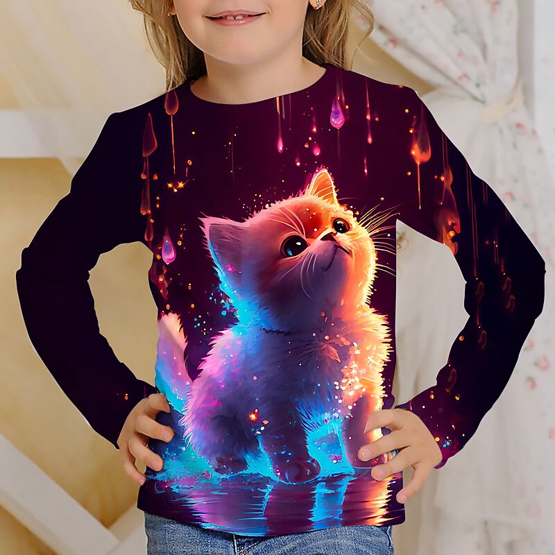 Girls' 3D Graphic Cartoon Cat T shirt Tee Long Sleeve 3D Print Summer Spring Fall Active Fashion Cute Kids 3-12 Years Outdoor Casual Daily Regular Fit3