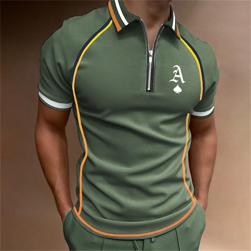 Men's Polo Shirt Quarter Zip Polo Street Casual Turndown Quarter Zip Short Sleeve Fashion Casual Letter Zipper Quarter Zip Spring & Summer Regular Fit Black Army Green Blue Gray Polo Shirt
