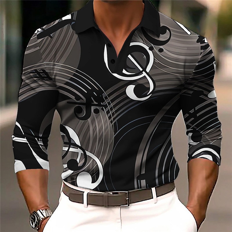 Music Festival Men's Music Polo Shirts Golf Shirt Long Sleeve Polo Shirts Collared Shirts Casual Vacation Wear Festival Wear Party Outfits 3D Print Buttons Fall & Winter Brown Gray2
