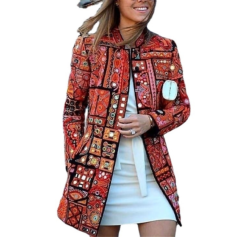 Women's Casual Jacket Outdoor clothing Pocket Floral Comfortable Patterned Loose Fit Outerwear Long Sleeve Fall Red Casual Fashion Street2