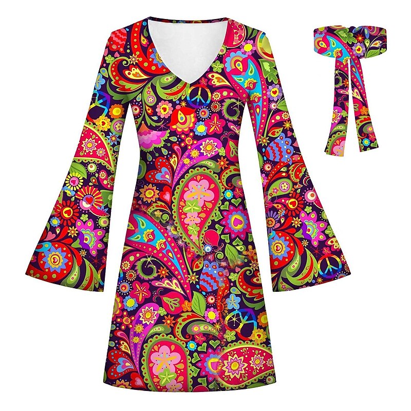 Retro Vintage Hippie 1970s Dress Headband Flare Cuff Sleeve Hippie 3D Fancy Dress Women's Halloween Carnival Masquerade Vacation Dailywear Music Festival Adults' Dress Spring & Summer2