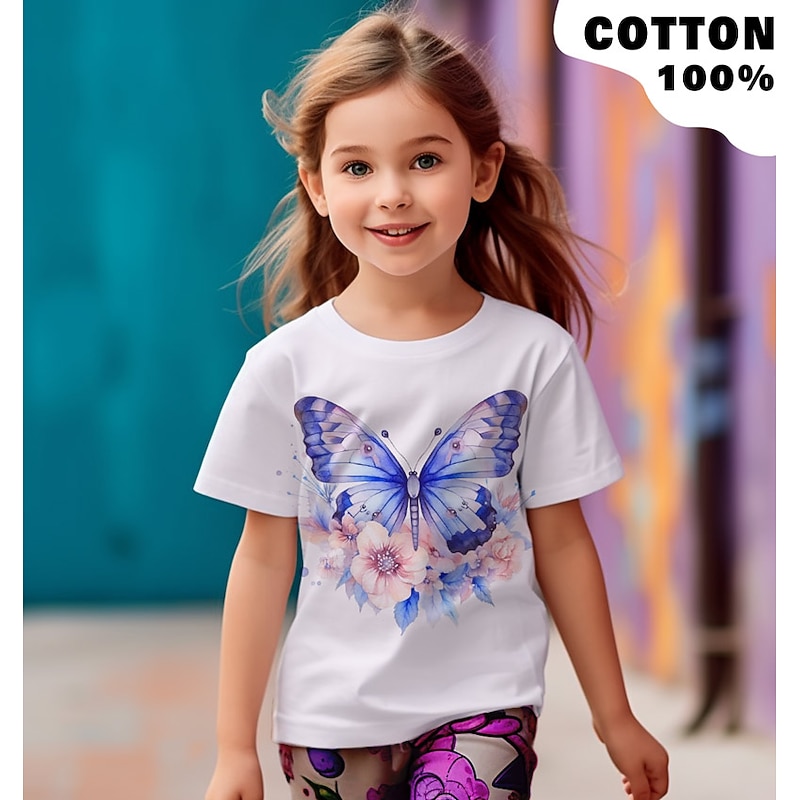 Girls' 3D Graphic Butterfly T shirt Tee Short Sleeve 3D Print Summer Spring Active Fashion Cute 100% Cotton Kids 3-12 Years Outdoor Casual Daily Regular Fit3