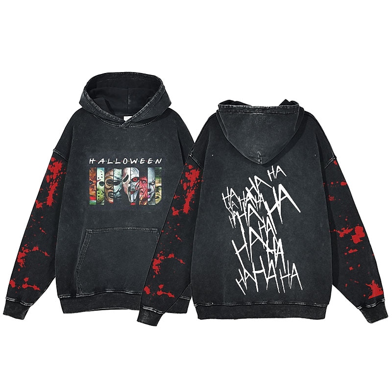 Halloween Scream Ghostface Skull Skeleton Hoodie Oversized Acid Washed Tee Print Front Pocket Graphic For Couple's Men's Women's Adults' Masquerade Hot Stamping Casual Daily4