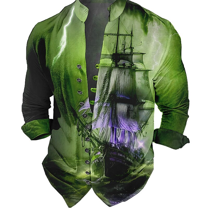 Men's Nautical Vintage Sailboat Shirt Button Up Shirt Long Sleeve Fashion Streetwear Designer Outdoor Casual Daily Summer Spring Fall Stand Collar Print Blue-Green Red Blue Green Gray3