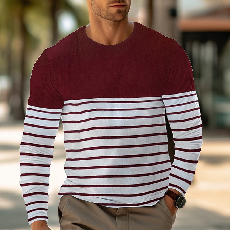 Men's T Shirt Tee Top Long Sleeve Crew Neck Summer Stripes Fashion Designer Basic Vacation Street Going out Wine Black Dark Blue Top Tee for Men3