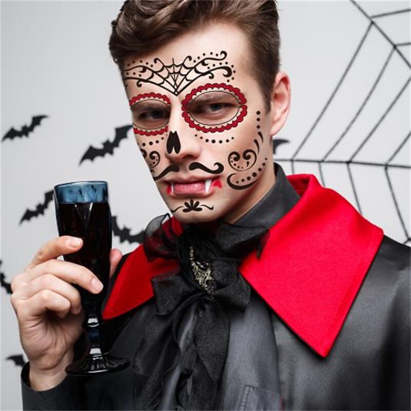 Halloween Day of The Dead Face Tattoo Stickers, Sugar Skull Temporary Face Tattoos for Dia de los Muertos Makeup, Funny Scary Face Decoration for Party4