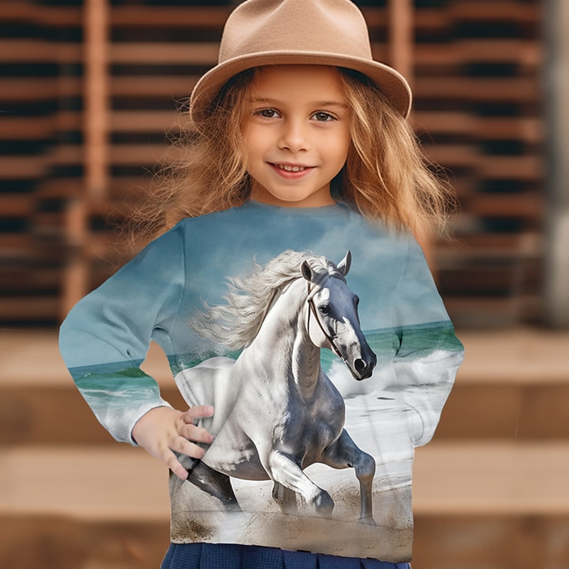 Girls' 3D Graphic Animal Horse Sweatshirt Long Sleeve 3D Print Summer Fall Fashion Streetwear Adorable Polyester Kids 3-12 Years Outdoor Casual Daily Regular Fit2