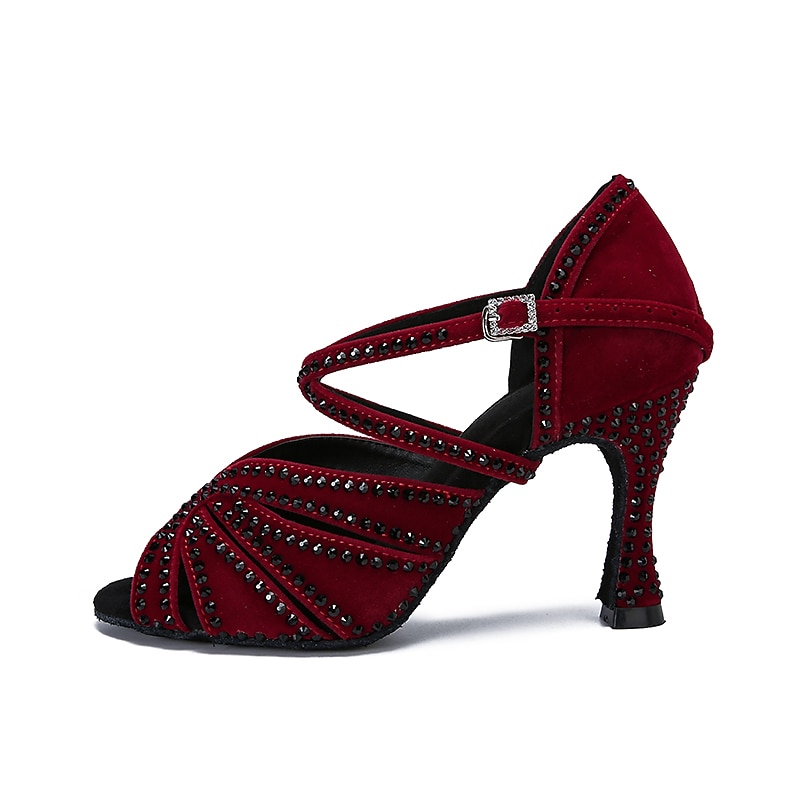 Women's Latin Dance Shoes Professional Sparkling Shoes Party Stylish Sparkling Glitter Flared Heel Open Toe Buckle Adults' Drak Red2