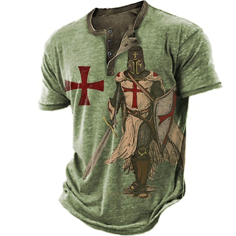 Men's Knights Templar Graphic Prints Henley Shirt Graphic Tee Short Sleeve Fashion Basic Casual Outdoor Daily Going out Spring & Summer Blue Sky Blue Brown Green Gray Henley Henley T-Shirt4