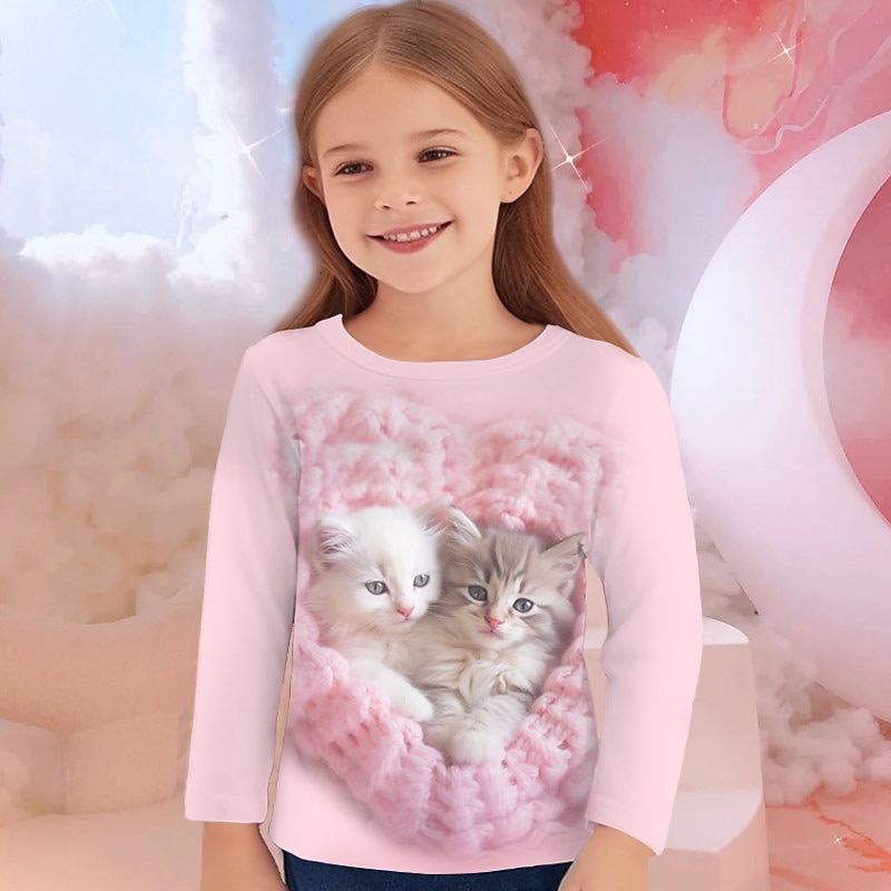 Girls' 3D Graphic Cartoon Cat T shirt Tee Long Sleeve 3D Print Summer Fall Active Fashion Cute Kids 3-12 Years Outdoor Casual Daily Regular Fit - Main Image
