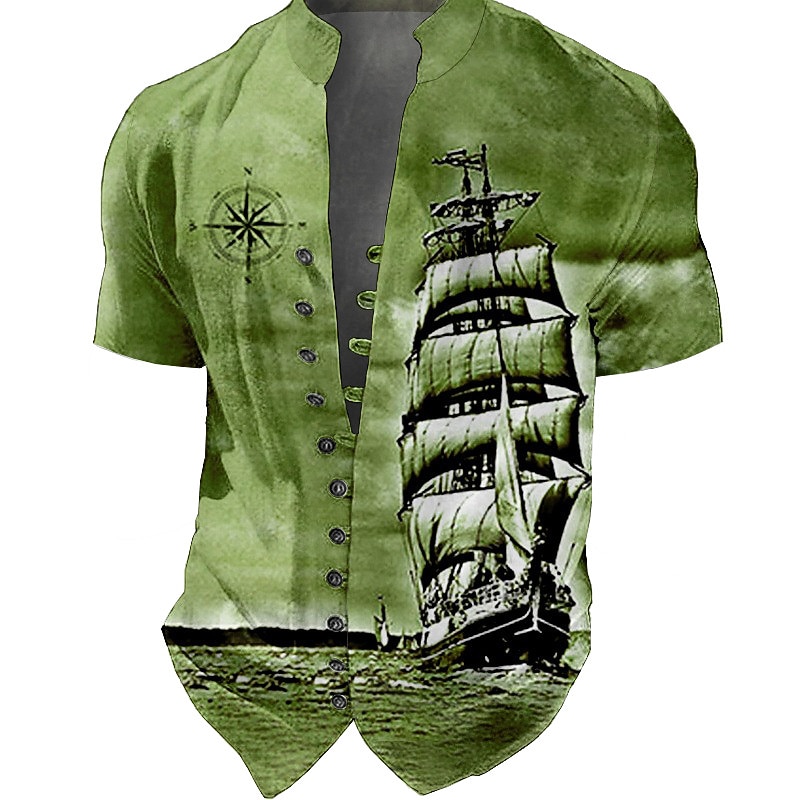 Men's Nautical Vintage Sailboat Shirt Button Up Shirt Short Sleeve Fashion Streetwear Designer Outdoor Vacation Daily Summer Spring Stand Collar Print Blue-Green Yellow Blue Fuchsia Green3