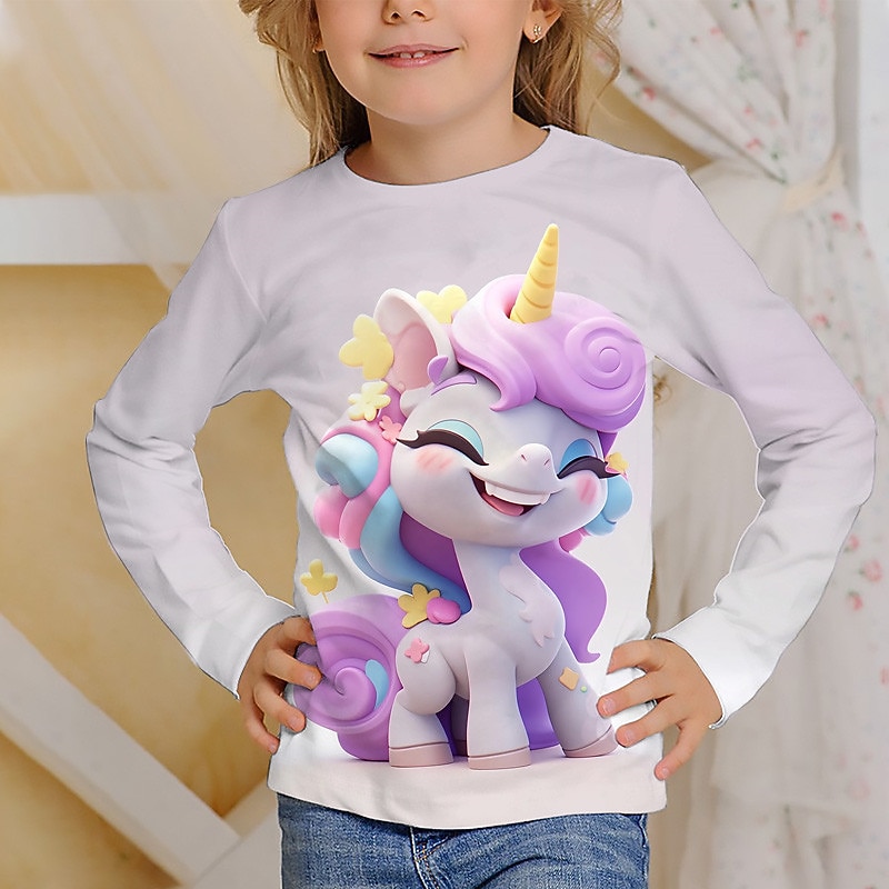 Girls' 3D Graphic Cartoon Unicorn T shirt Tee Long Sleeve 3D Print Summer Fall Active Fashion Cute Kids 3-12 Years Outdoor Casual Daily Regular Fit