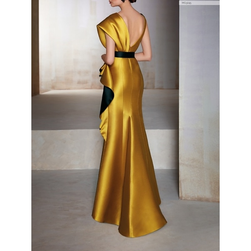 Sheath Mother of the Bride Evening Gown Elegant Dress Formal Wedding Guest Floor Length Short Sleeve V Neck Satin with Ruffles Embroidery Appliques2