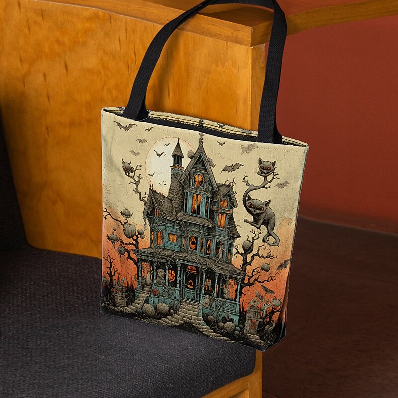 Women's Halloween Haunted House Tote Bag – Large Capacity Ghost Print Shoulder Bag for Trick-or-Treating, Parties, and Fall Outings2