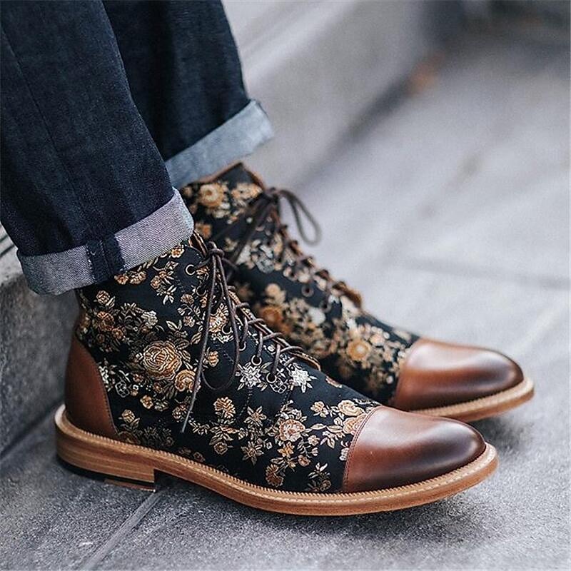 Men's Floral Jacquard and Brown Faux Leather Lace-Up Boots - Vintage Oxford Ankle Boots with Retro Style for Casual and Formal Wear3