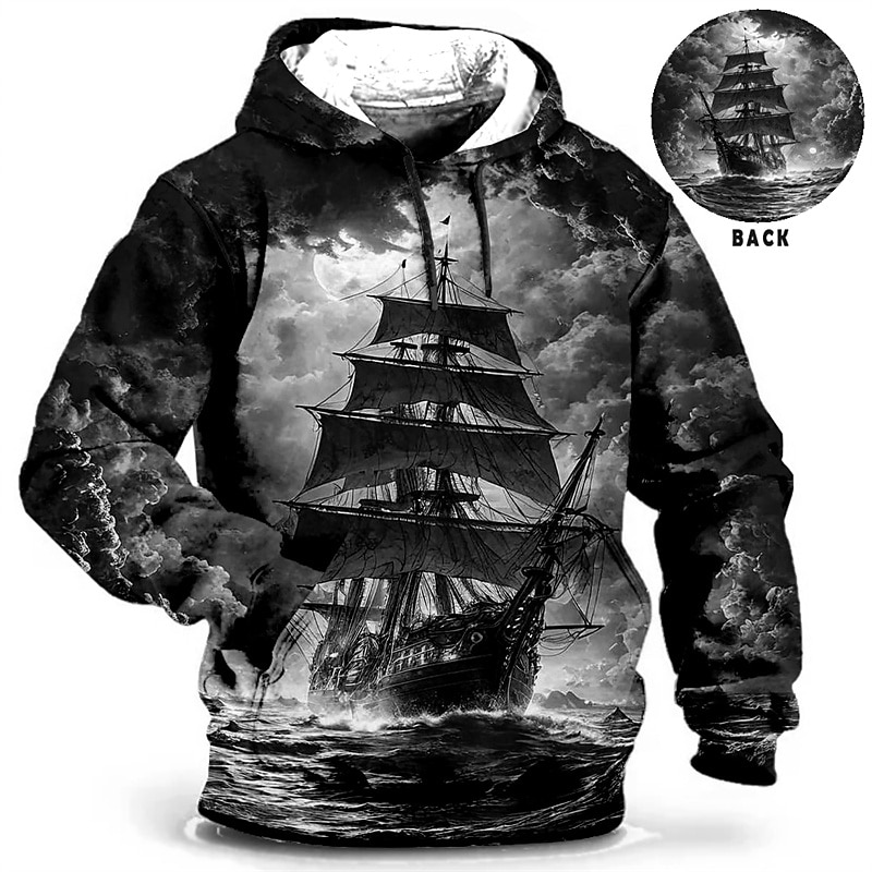 Men's Ship Graphic Prints Hoodie Hoodies Sweatshirt Daily Classic Long Sleeve Hooded Holiday Going out Streetwear Blue Green Print Spring &  Fall Designer4
