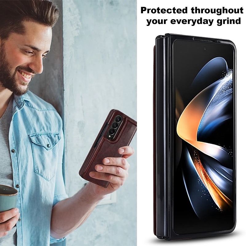 Phone Case For Samsung Galaxy Z Fold 6 Z Fold 5 Z Fold 4 Z Fold 3 Leather With Card Holder Kickstand Solid Color PC PU Leather2