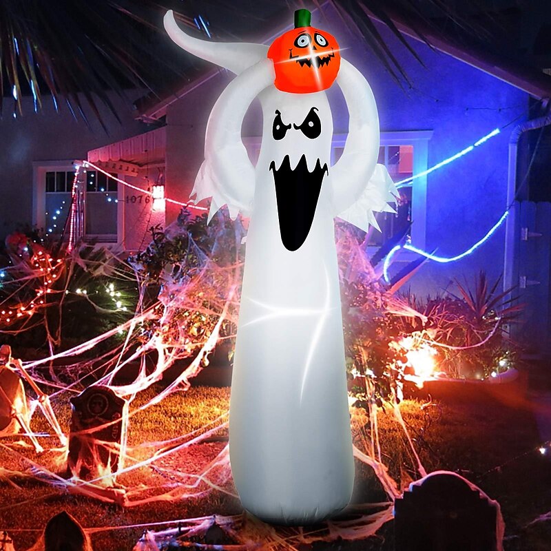 Halloween Decorations Inflatable Pumpkin Blow Up White Lighted Ghost Doll Spooky with Lifting Inflatable Prop Decoration Pumpkin Yard Lawn Prop Decoration for Indoor Outdoor