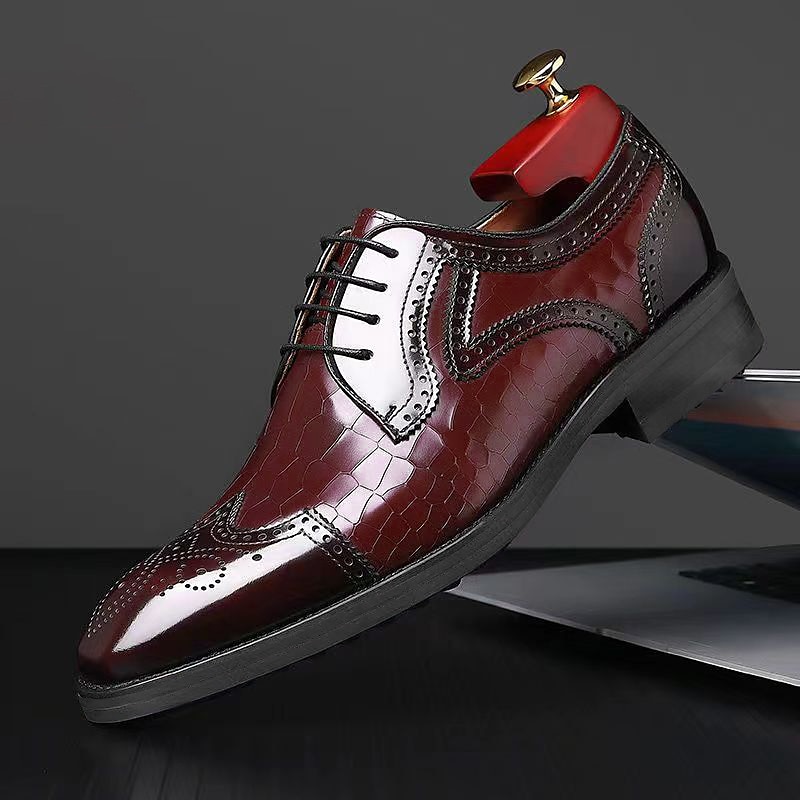 Men's Burgundy Patent Leather Oxford Shoes with Brogue Detailing and Crocodile Pattern - Elegant Lace-Up Dress Shoes for Formal Occasions2
