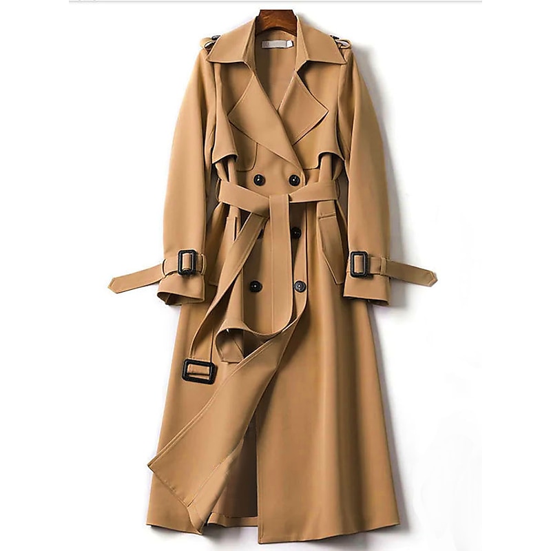 Women's Trench Coat Fall Double Breasted Lapel Long Coat with Belt Winter Warm Windproof Jacket with Pockets Maillard Black Blue Camel Beige Daily S M L XL XXL 3XL