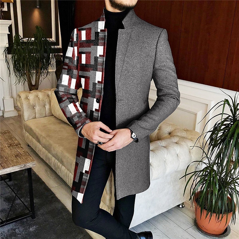 Men's Plaid Geometry Winter Coat Overcoat Coat Warm Comfortable Breathable Fashion Streetwear Business Work Wear to work Going out Pocket Print Fall & Winter Turndown Long Sleeve Blue Purple khaki2
