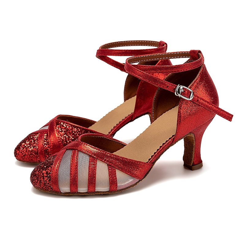 Women's Red Glitter Latin Dance Shoes – Strappy Mesh Ballroom Heels with Suede Sole for Salsa & Performance