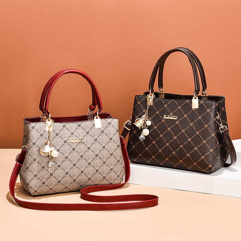 Women's Handbag Crossbody Bag Shoulder Bag Boston Bag PU Leather Office Daily Holiday Pendant Zipper Large Capacity Waterproof Durable Geometric Color Block dark maple leaf with coffee light maple3