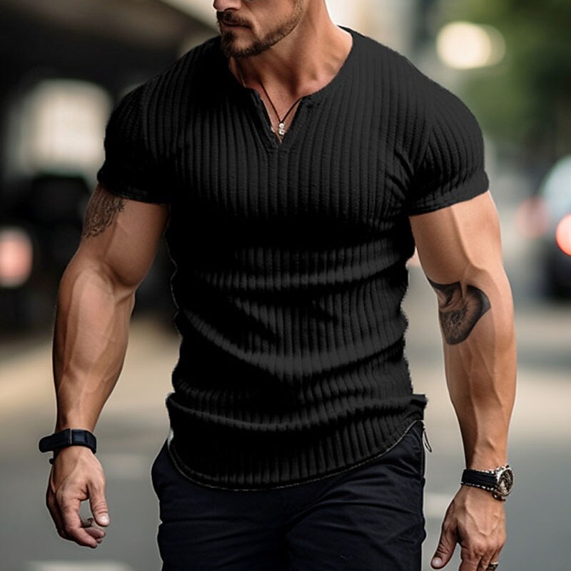 Men's T Shirt Muscle Shirt Ribbed Knit tee Tee Top Short Sleeves V Neck Summer Plain Pit Strip Fashion Designer Basic Vacation Street Going out Black White Khaki Top Tee for Men 6