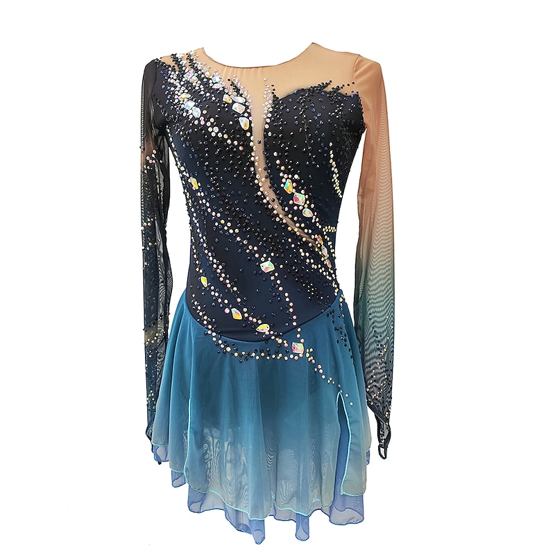 Figure Skating Dress Women's Girls' Ice Skating Dress Dark Blue Thumbhole Halo Dyeing High Elasticity Professional Competition Skating Wear Thermal Warm Crystal / Rhinestone Long Sleeve Ice Skating2