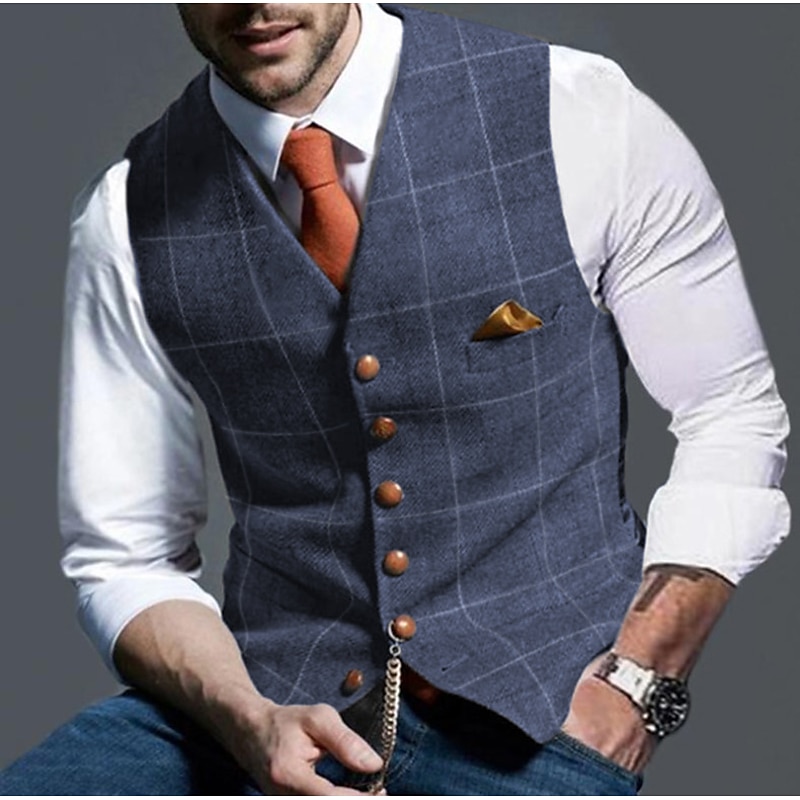 Men's Vest Waistcoat Daily Wear Going out Vintage Fashion Spring &  Fall Buttons Polyester Comfortable Plain Single Breasted Collarless Regular Fit Buff Vest2