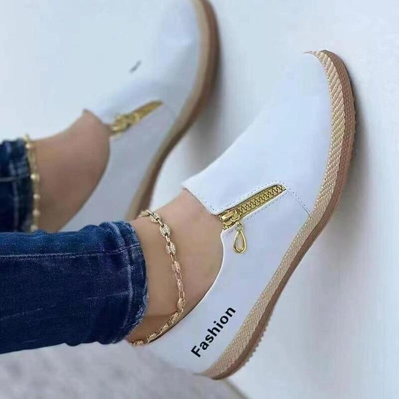 Women's White Slip-On Casual Sneakers with Gold Zipper – Lightweight Fashion Walking Shoes for Daily Wear & Travel