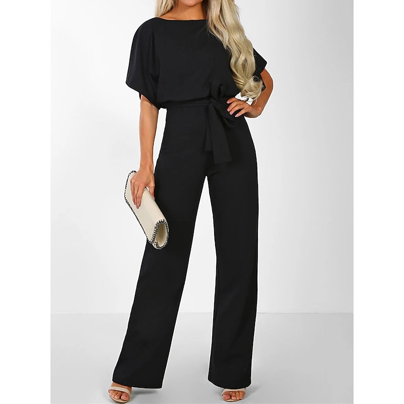 Women's Jumpsuit Elegant Belted Waist Red Wide-Leg Round Neck Short Sleeve Solid Color Party Work Casual Spring Summer Clothing Apparel4