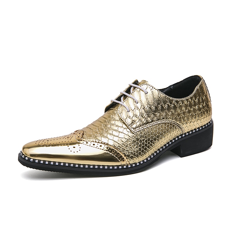 Men's Gold Metallic Oxford Dress Shoes – Shiny Faux Leather Brogue Wingtip Lace-Up Shoes for Party, Wedding, and Stage Performance