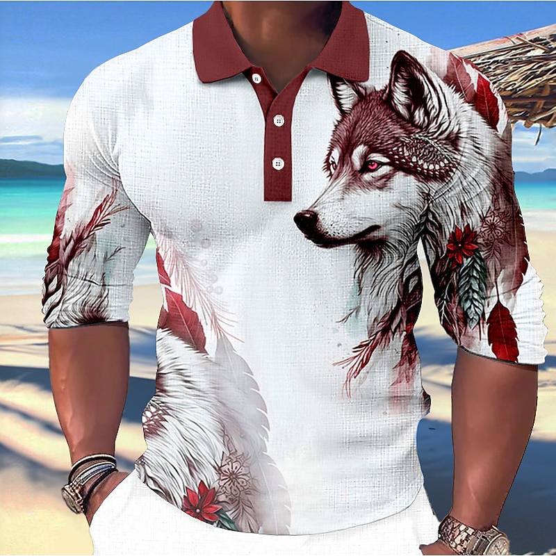 Men's Wolf Polo Shirts Golf Shirt Long Sleeve Polo Shirts Collared Shirts Casual Funny Streetwear Vacation Wear Party Outfits 3D Print Buttons Blue-Green Red Blue3