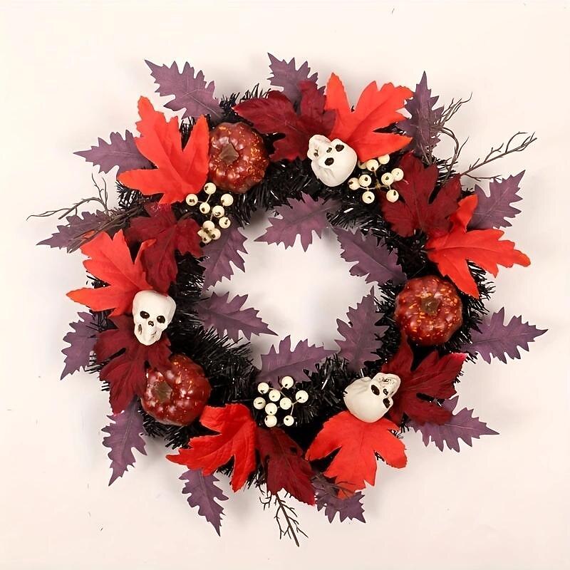 Halloween Skull Pvc With Lights Wreath Artificial Fall Wreath With Maple Leaf Pumpkin Berries, Thanksgiving Wall Garden Hanging Decoration 17.8 Inch Halloween Skull Wreath Horror Wreath Halloween Prop Decoration4