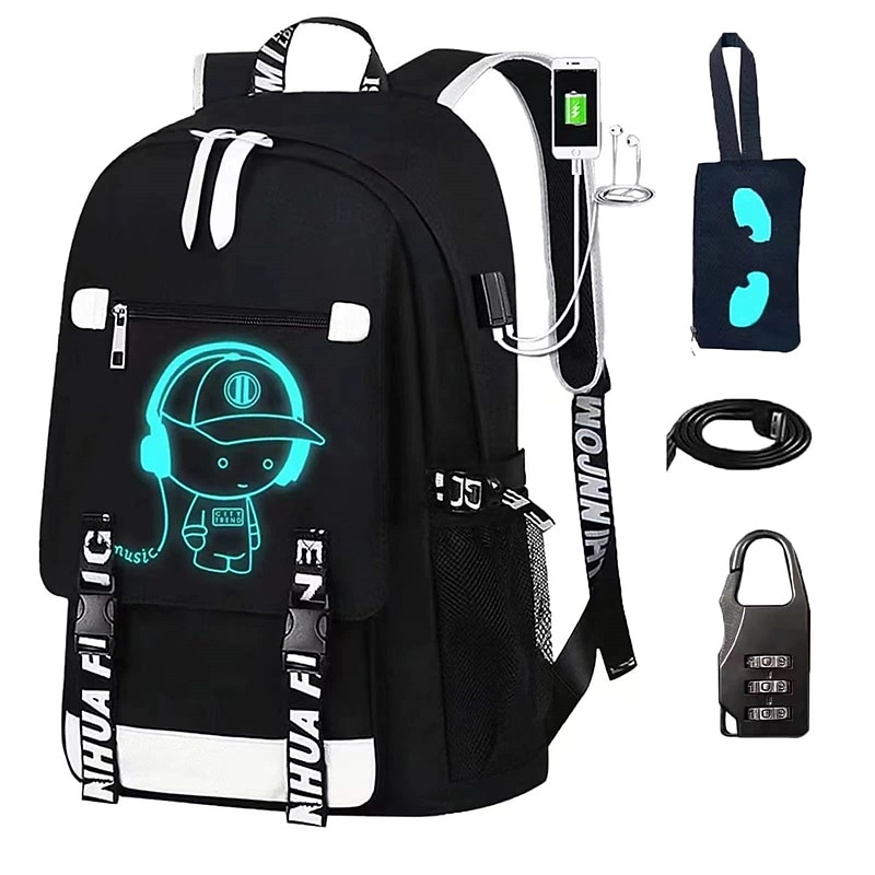 Boys' Luminous School Backpack with USB Charging Port and Lock – Waterproof Teen Bookbag with Headphone Jack for Middle School, Travel, or Daily Use