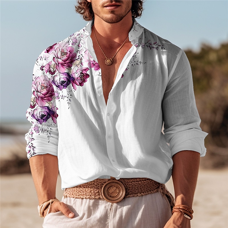 Men's Floral Shirt Button Up Shirt Long Sleeve Fashion Streetwear Designer Outdoor Casual Daily Summer Spring Fall Stand Collar Print Purple Gray