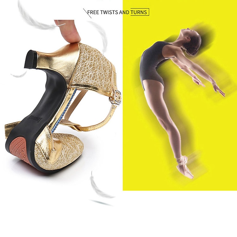 Women's Gold Glitter T-Strap Dance Shoes, Low Heel and Mid Heel Ballroom Latin Performance Heels for Salsa and Tango3