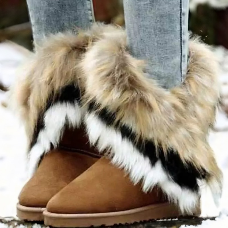 Women's Faux Fur Winter Boots with Fluffy Trim - Cozy and Stylish Cold Weather Footwear