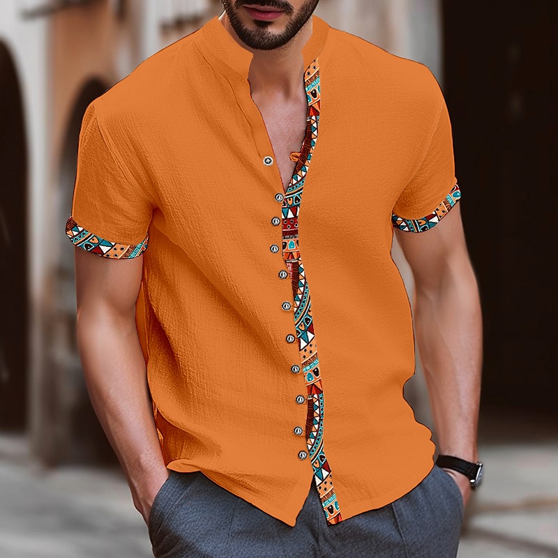 Men's Tribal Vintage Shirt Button Up Shirt Short Sleeve Fashion Streetwear Designer Vacation Street Daily Summer Spring Stand Collar Print Blue-Green White Navy Blue Blue Orange3