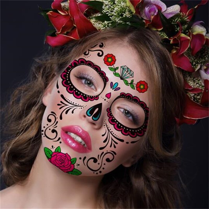 Halloween Day of The Dead Face Tattoo Stickers, Sugar Skull Temporary Face Tattoos for Dia de los Muertos Makeup, Funny Scary Face Decoration for Party3